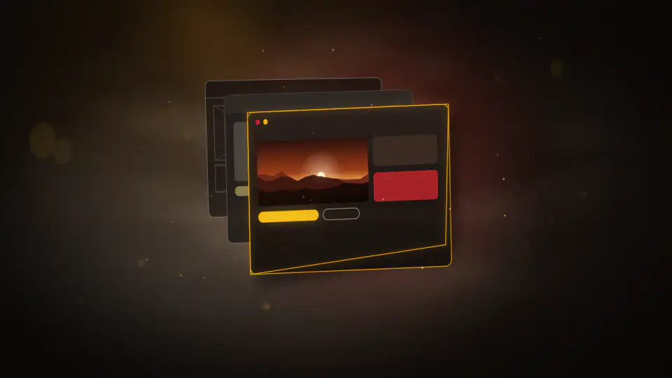 Three interface panels in depth, from grey wireframe at the back to a finished gold-accented screen in front.