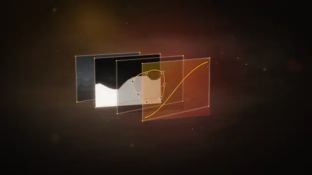 One film frame separated into floating translucent layers: plate, matte, roto spline and colour grade.