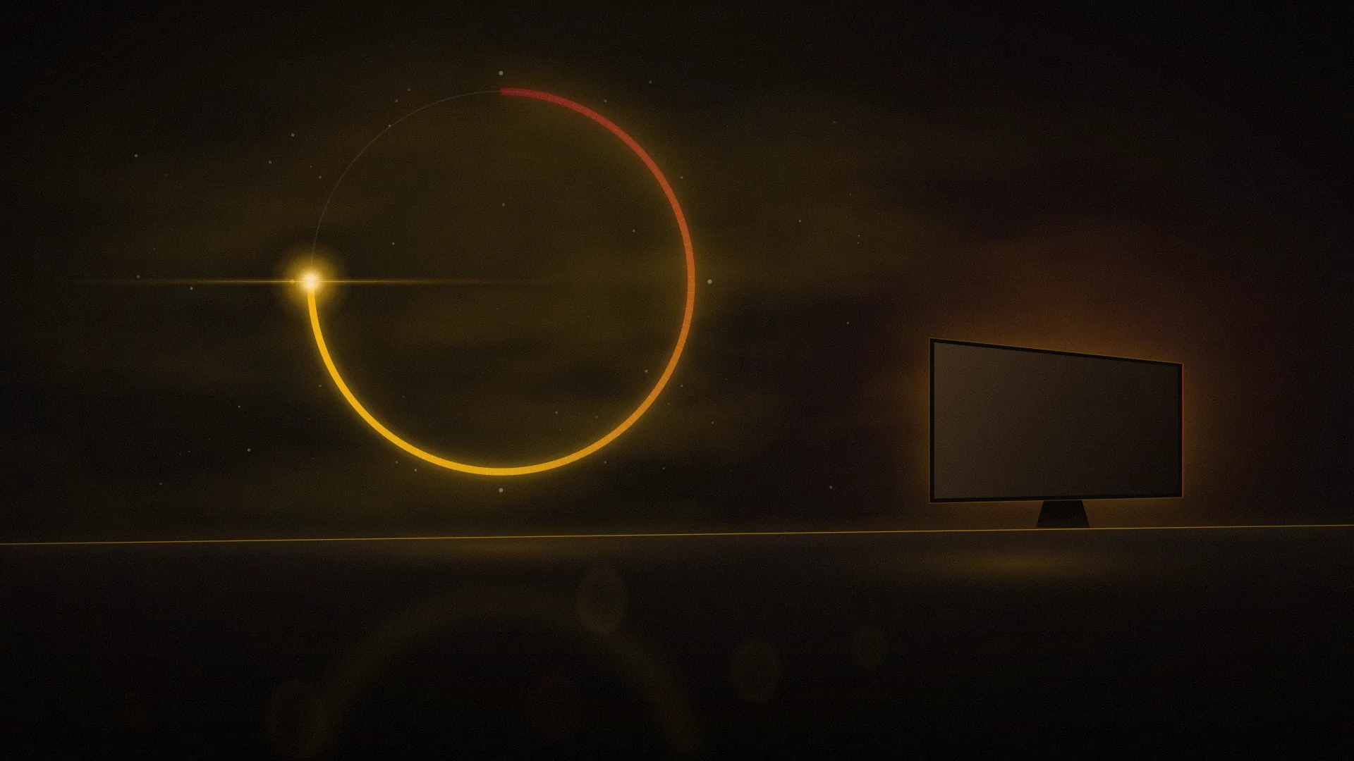 Abstract illustration of a clock reduced to a single gold arc, three quarters complete, hanging above a dark desk beside a dimly glowing monitor.