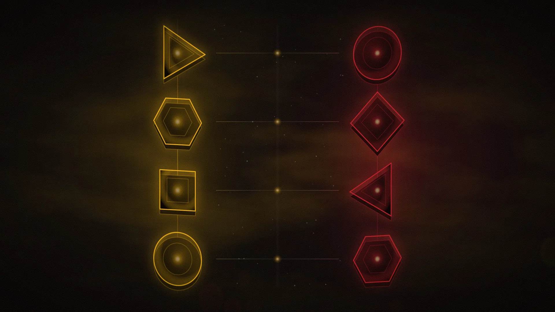 Abstract illustration of two columns of glowing geometric tokens facing each other across a dark field, one edged in gold and one in crimson.