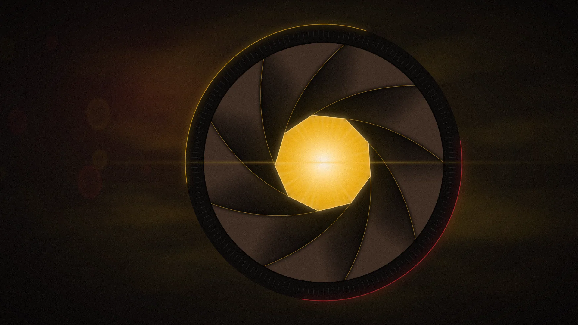 Abstract illustration of a camera shutter's overlapping blades opening onto a burst of warm gold light.