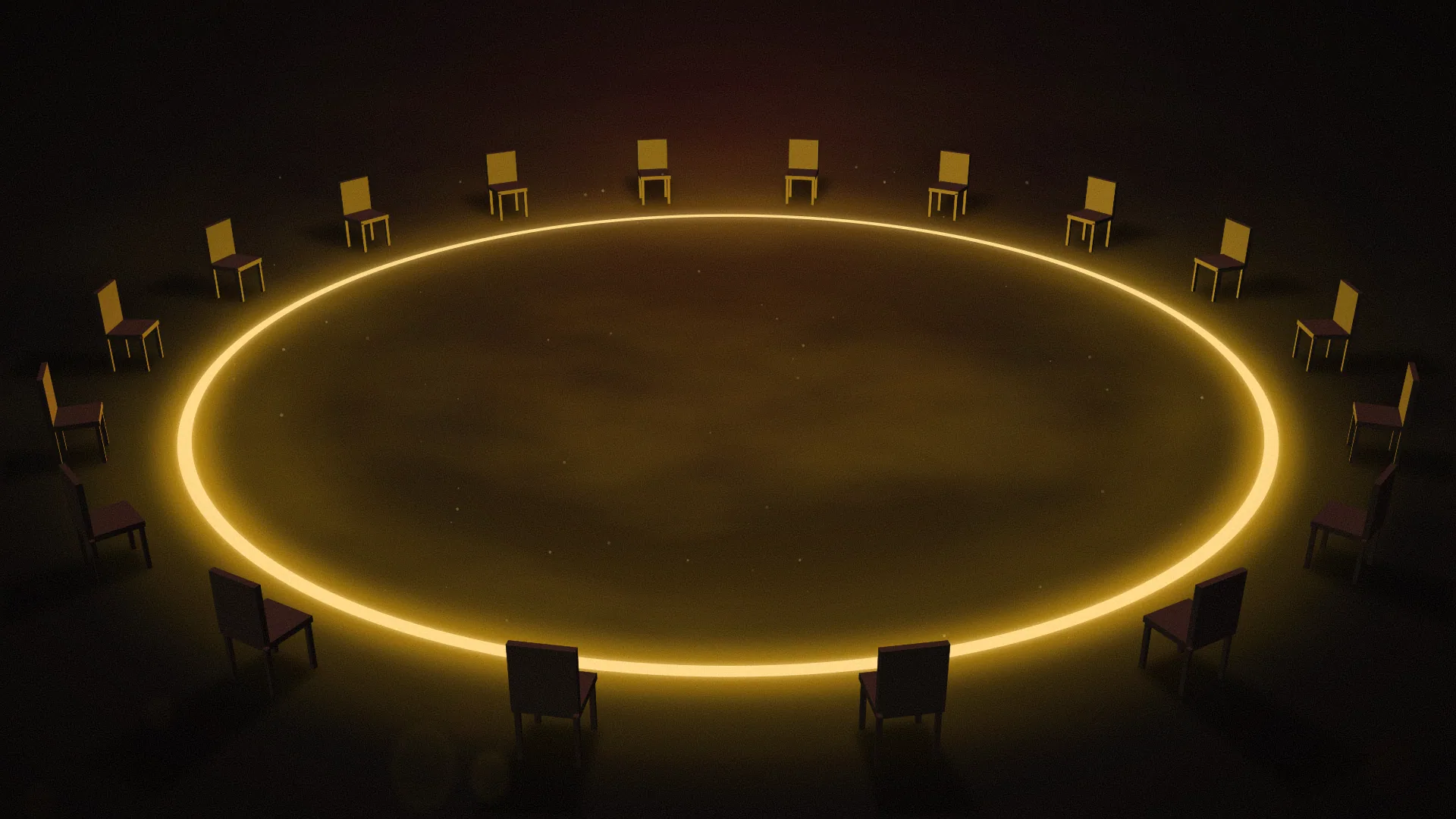 Abstract illustration of a wide ring of warm light on a dark floor, seen from slightly above, with empty chairs arranged around its edge.