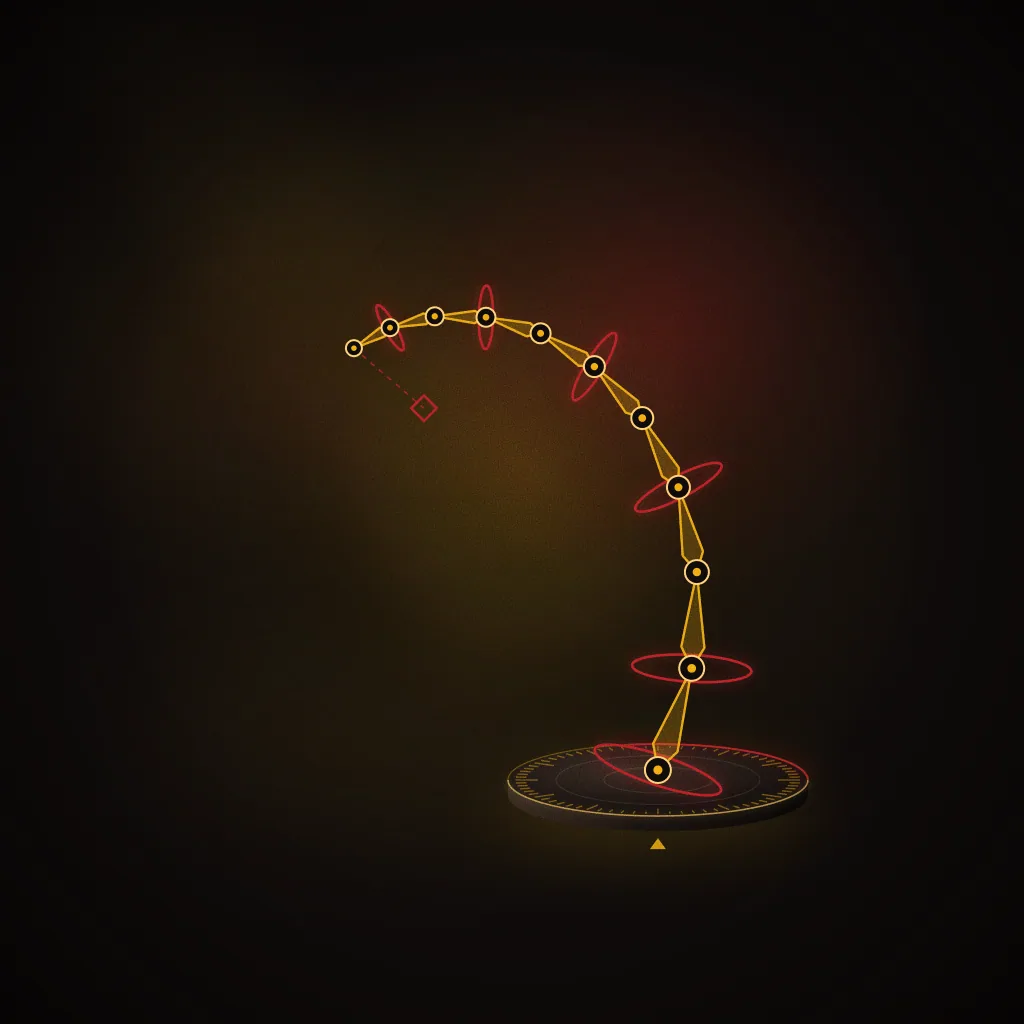 Sample brief illustration for 3D Animation: an abstract rig chain of gold joints and crimson control rings curling up from a turntable. Not student work.