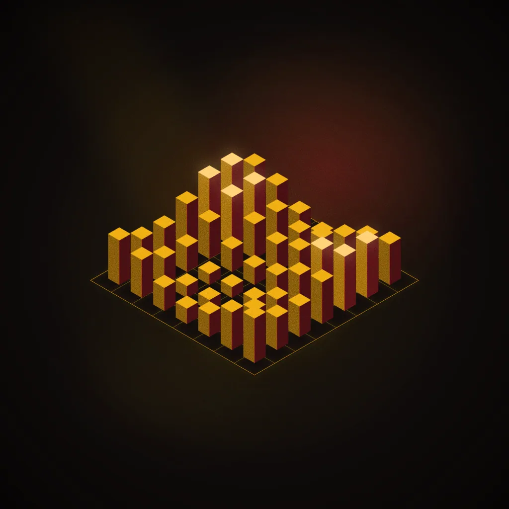 Sample brief illustration for Motion Graphics & Broadcast: a field of isometric spectrum bars standing on a glowing studio floor grid. Not student work.