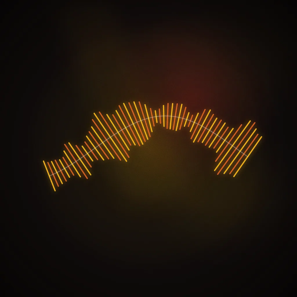 Sample brief illustration for Motion Graphics & Broadcast: spectrum bars riding a kinetic ribbon that sweeps across the frame. Not student work.
