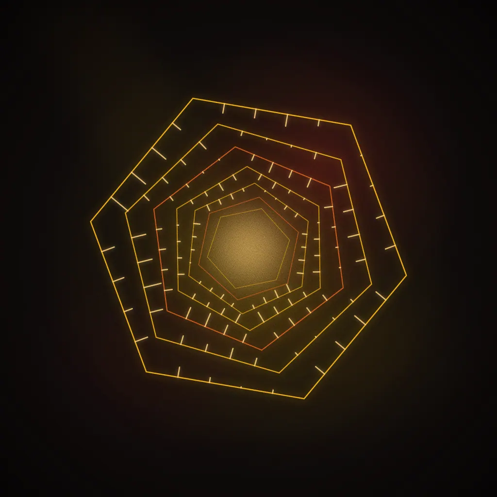 Sample brief illustration for Motion Graphics & Broadcast: a tunnel of nested hexagons lined with spectrum bars, receding to a glowing centre. Not student work.