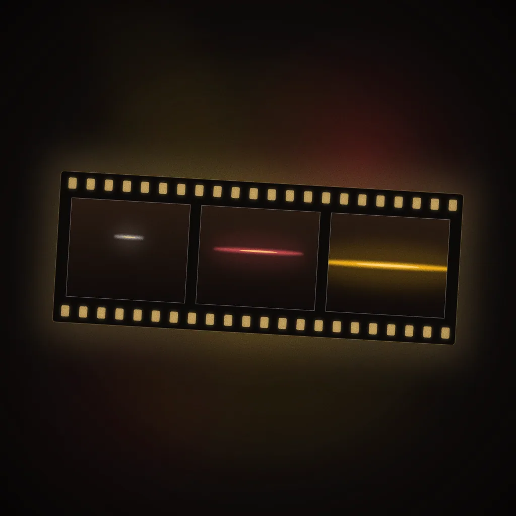Sample brief illustration for Filmmaking: a strip of three film frames with sprocket holes on a light table, a light streak growing from frame to frame. Not student work.