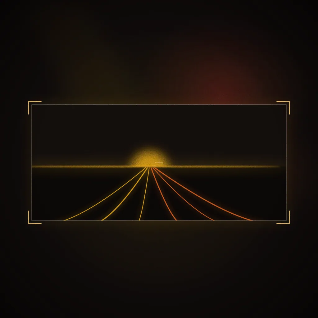 Sample brief illustration for Filmmaking: light trails converging on a horizon glow inside a widescreen frame guide. Not student work.