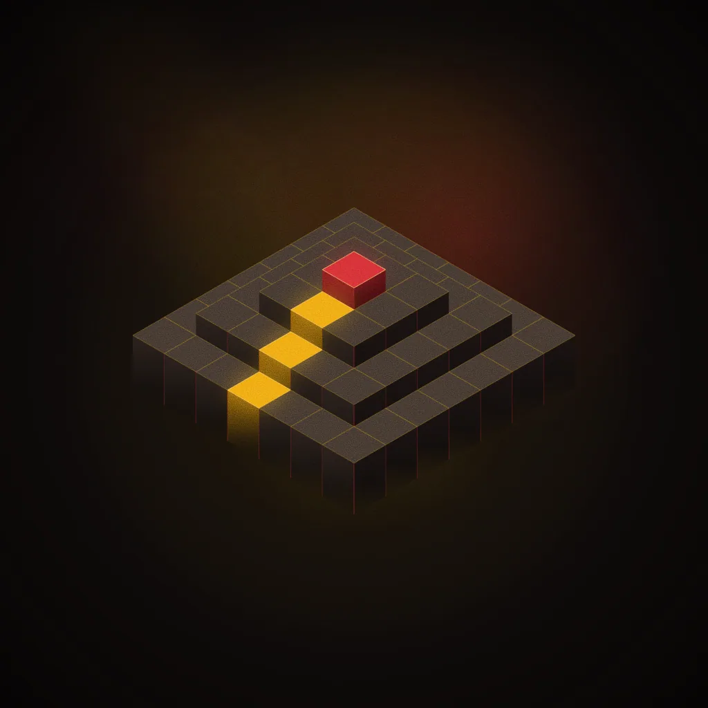 Sample brief illustration for Game Design: a stepped isometric ziggurat with a gold stair path climbing to a crimson goal block. Not student work.