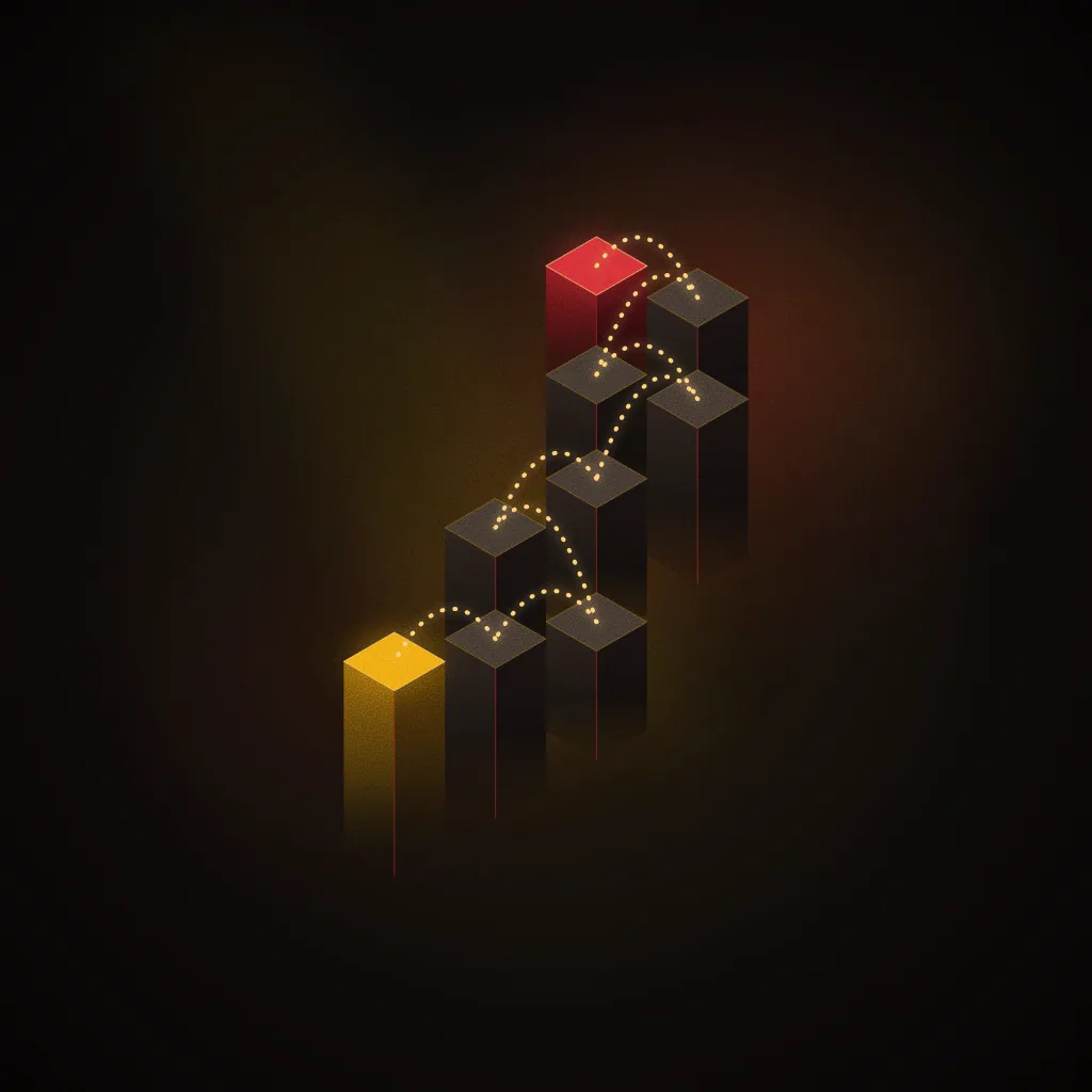 Sample brief illustration for Game Design: isometric stepping-stone blocks at different heights joined by dotted gold jump arcs. Not student work.