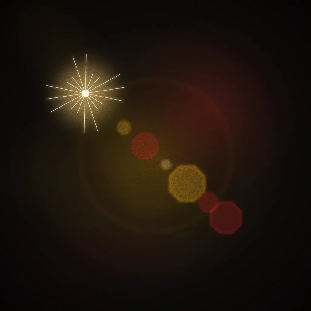 Sample brief illustration for Short-Term & Software: a lens-flare ghost chain of aperture shapes crossing the frame from a bright source. Not student work.