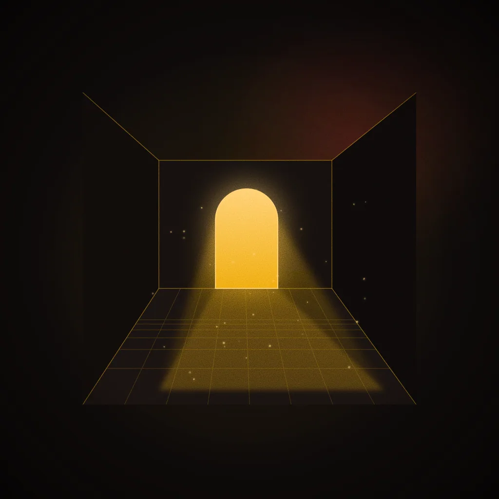 Sample brief illustration for Visual Arts & Design: an arched doorway spilling a warm light volume across a perspective tile floor, drawn in fine gold lines. Not student work.