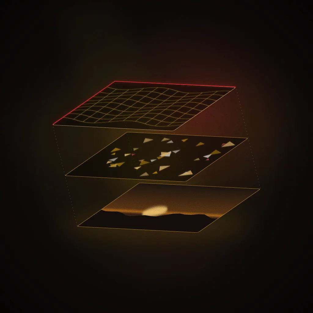 Sample brief illustration for Visual Effects: a destruction brief: a layer of suspended gold and crimson shards floating above a background plate. Not student work.
